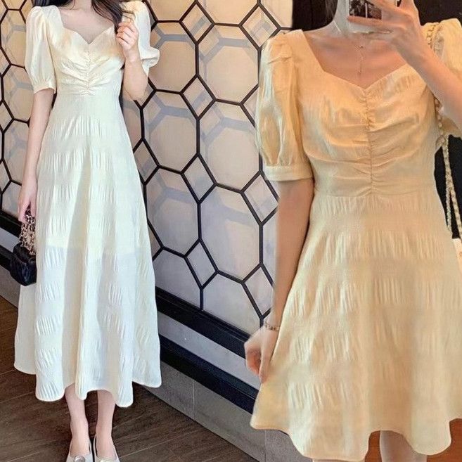 아이엠몽 여성 퍼프소매 브이넥 허리 라인 포인트 원피스