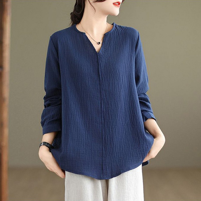 린넨티셔츠 면마티셔츠 봄가을 중년여성용 루즈핏 브이넥 긴팔 상의 순색 주름 브이넥 기질 블라우스
