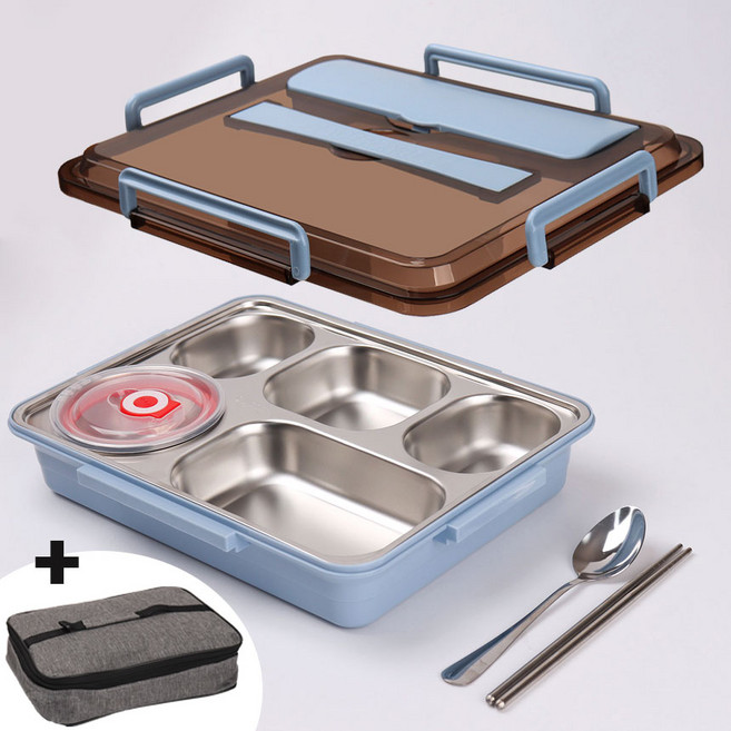 [SUS-304 스텐 식판 도시락통 세트] 밀폐 도시락 런치박스 스테인레스 5칸 다이어트 아이 소풍 용기, 1세트, 5칸도시락+국그릇+수저세트+보냉가방, 코튼 블루