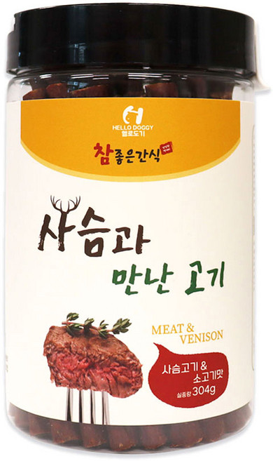강아지간식 기호성 좋은 영양 져키 간식 헬로도기 사슴과 만난 고기 304g, 1개, 소고기맛