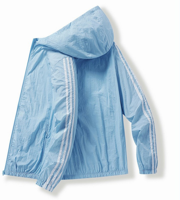 夏季情侶輕薄透氣防曬外套 連帽三條杠戶外涼感皮膚衣 淺藍風衣薄外套