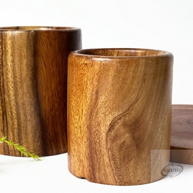 우주하이 아카시아 우드 다용도꽂이 펜통 연필꽂이, 중, 브라운, 1개