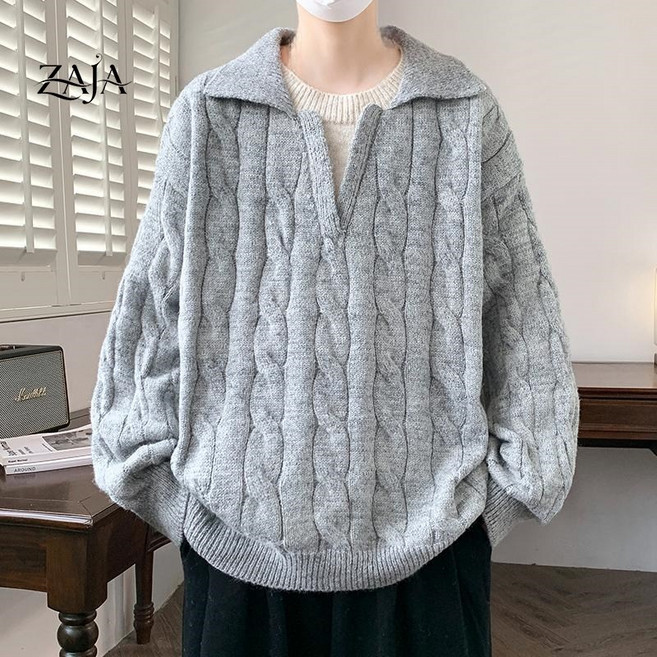[재고정리 할인] ZAJA 남성 겨울 케이블 무늬 칼라넥 니트 레트로 캐주얼 스웨터