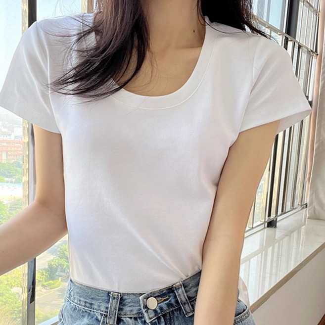 후암마켓 여성 유넥 기본티 무지 면스판 이너 반팔 티셔츠