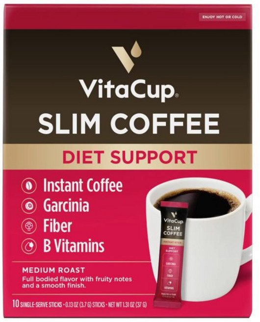 VitaCup 인스턴트 커피 비타컵 슬림 팩 가르시니아 섬유질 비타민 B 포함 강렬하고 부드러운 맛 미디엄 다크 로스트 100% 아라비카 싱글 서브 스틱 24개, 10개입 (1팩), 1