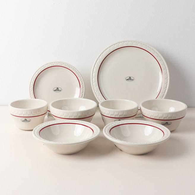 시라쿠스 쉐난고 카디날 2인 그릇세트, 화이트&버건디라인, 1세트, 8p