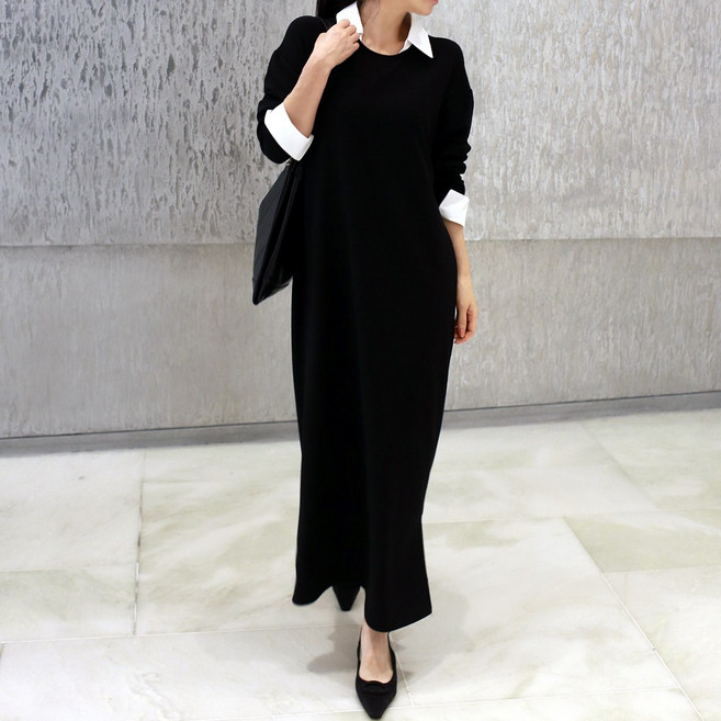 핑크유- 셔츠 카라 원피스 루즈핏 우아한 롱 빅사이즈 원피스 임부복 하객룩