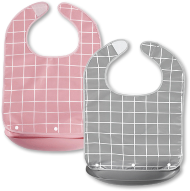 성인용 체크 방수 턱받이 벨크로형, 2개, 핑크+그레이