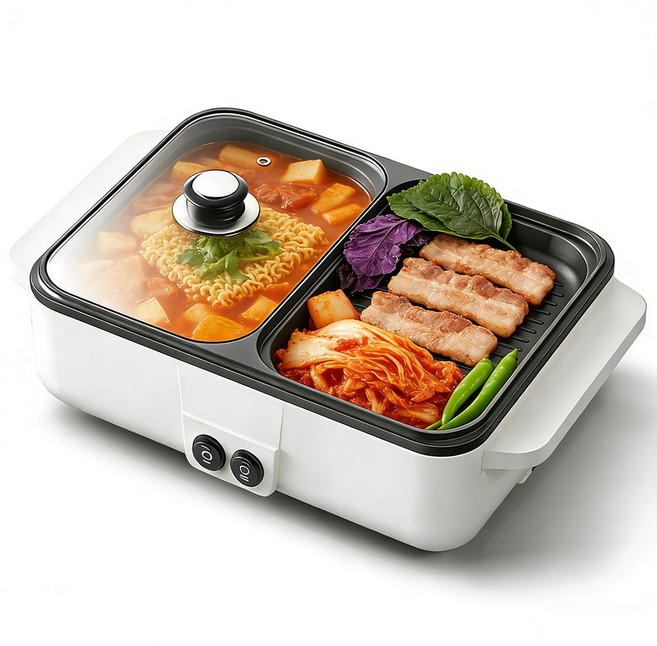 Oyoson 반반 멀티 전기 그릴 개별 온도 조절 다기능 전기그릴, 화이트