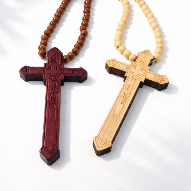 원목 가톨릭 기도용 십자가 묵주, 진갈색, 1개