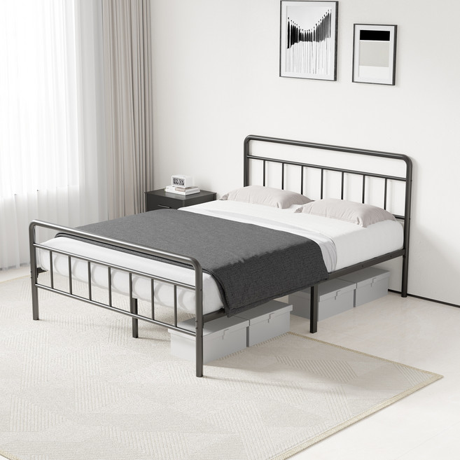 KURUA 빈티지 철제 침대 프레임 간편 조립 견고함, 블랙