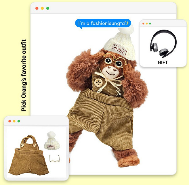 로앤제이 미니 오랑우탄 인형 키링 의상 착장 세트, 6. 브라운멜빵팬츠+골드안경+미니모자옐로우, 1개