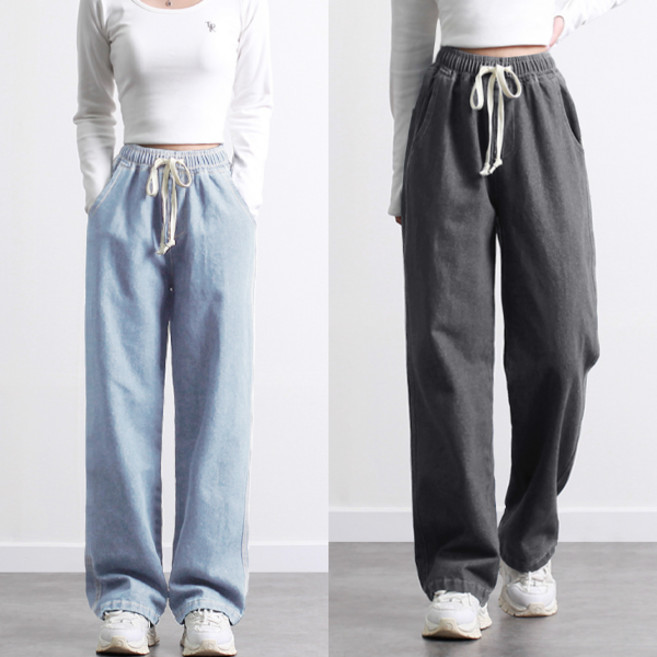 [투뎃] 여성용 빅사이즈 올밴딩 일자 데님 팬츠