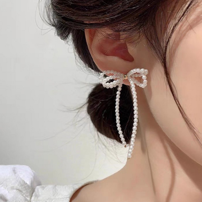 진주 리본 포인트 드롭 귀걸이 러블리