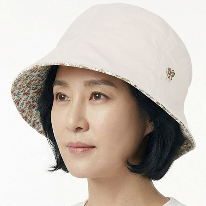 베이직엠 중년 여름 여성모자 벙거지 챙안꽃배색 실버리본 뒷밴딩