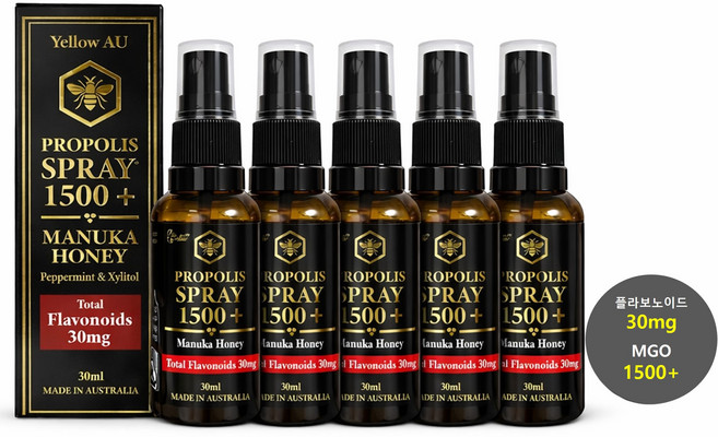 [플라보노이드30mg] 호주산 프로폴리스 스프레이 최고등급 마누카꿀1500+, 5개, 30ml