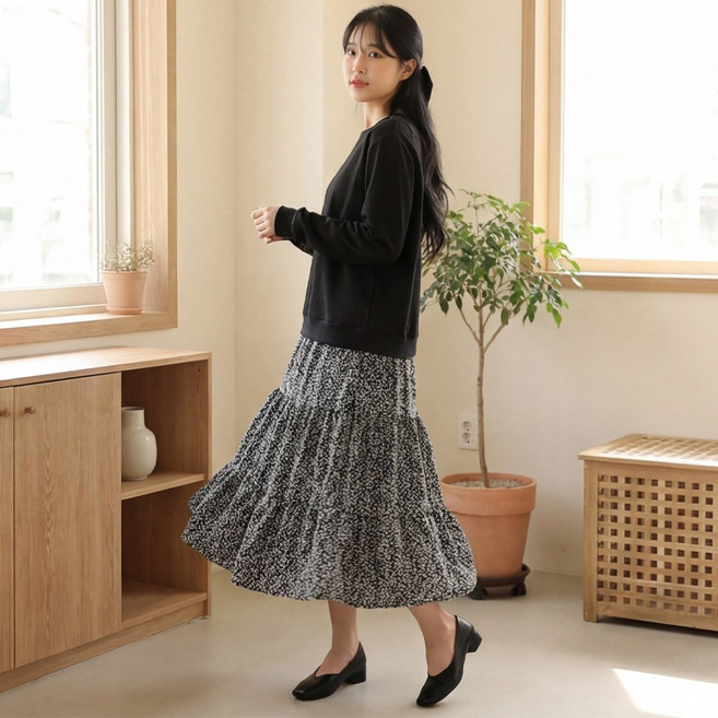 오멘포 D121-5 빅사이즈 여성 레이어드 롱 원피스 빅사이즈 봄가을 플라워 패턴