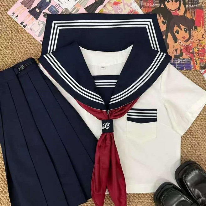 水手服 學院風校服 套裝, 白三本短袖+藏色短裙 紅色領巾 ,L, 白三本, 短袖+藏色短裙