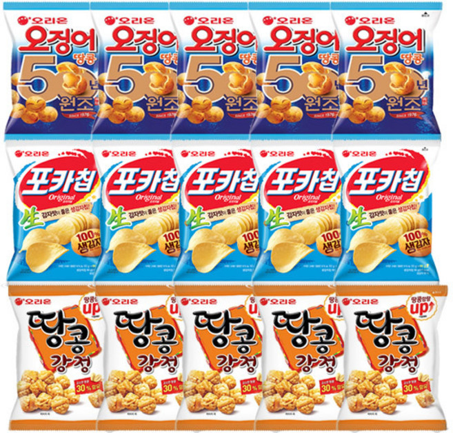 오리온 MINI 포카칩 오리지널 30g+오징어땅콩 80g+땅콩강정 65g, 1세트, 각5개(총15개)