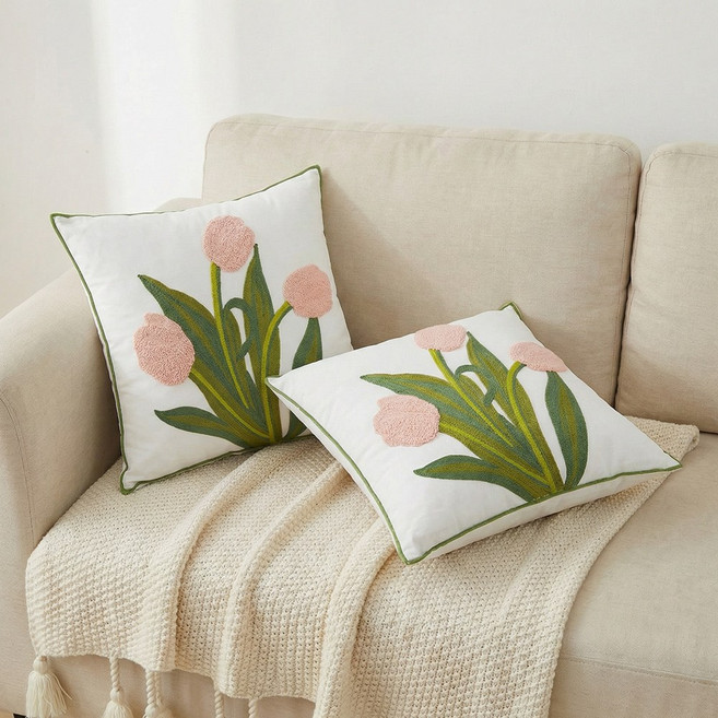 포근달 북유럽 꼬자수 쇼파쿠션 핸드메이드 침대 등받이 쿠션 솜포함, 핑크