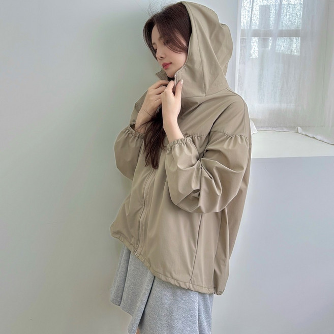 메이징 여성용 루즈핏 A라인 하이넥 후드 바람막이 점퍼
