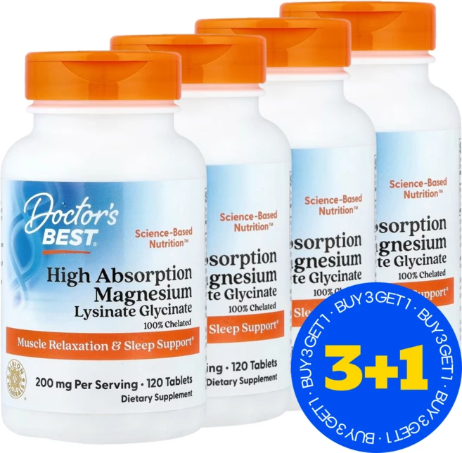 3+1 닥터스베스트 고흡수 마그네슘 리시네이트 글리시네이트 킬레이트화 알비온 TRAACS 2000mg 추출 120정 /해외직구 미국정품, 4개 - 쿠팡