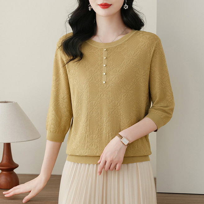 빙실크 니트 스웨터 여성 상의 봄 여름 중년 엄마 의상 얇은 7부 소매 빙실크 티셔츠 베이스 셔츠