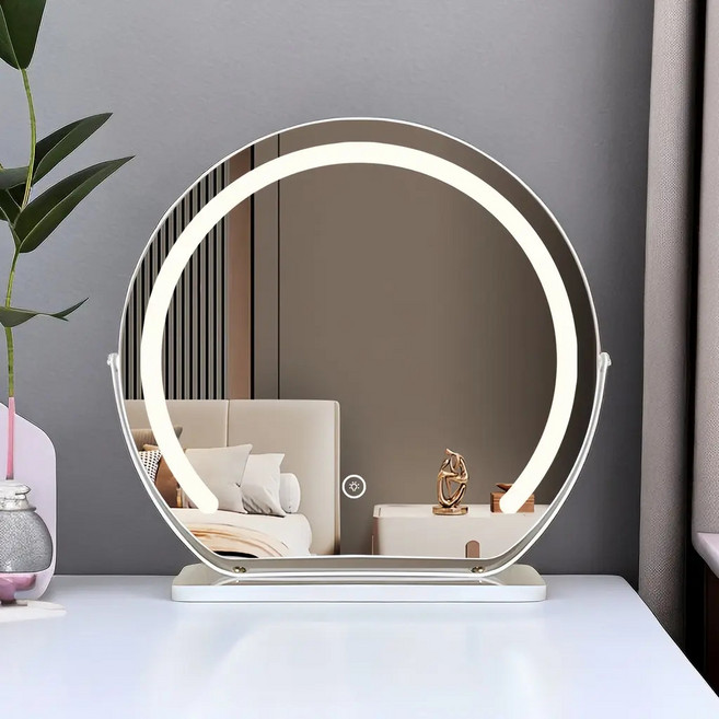 SASAKO 고휘도 LED 화장거울 3색모드 원형 화장대 탁상거울 각도조절 고화질 미러 KC인증어댑터, 화이트-지름450mm(USB보다 2배 밝은 )