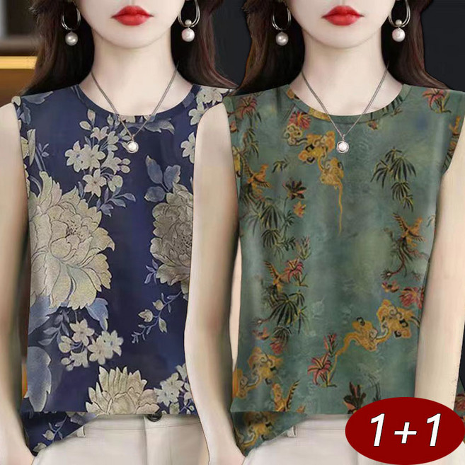 1+1빅사이즈 이너 프린팅 라운드넥 나시 중년여성용 패션 시원한 쿨링 민소매 티셔츠