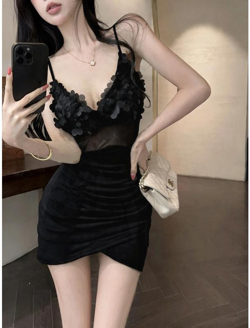 辣妹半透視網紗拼接吊帶連衣裙 夜場不規則顯瘦小禮服