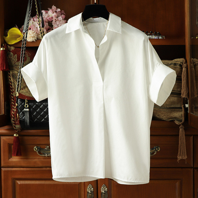 화이트 코튼 반오픈 가오리 롤업 반팔 블라우스 셔츠 퓨어코튼반오픈셔츠