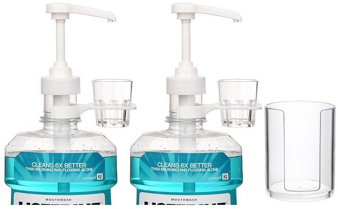 리스테린 1 또는 1.5리터 구강 세정제 병용 디스펜서 펌프 컵 홀더 재사용 가능한 및 투명 플라스틱 종이컵 포함 - 토탈 케어 오리지널 무알코올 쿨 민트 등에 적합