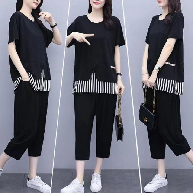 【顯瘦遮肉】大碼女裝兩件套 胖MM套裝 條紋上衣 九分褲 夏季新款 寬鬆休閒 200斤可穿 拼接設計 微胖女生穿搭