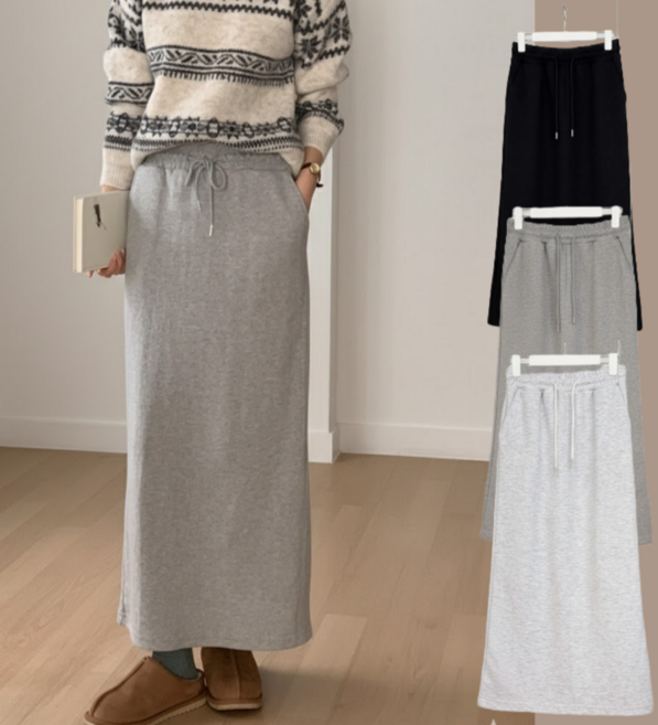 LIONHU [국내제작] 밴딩 롱스커트 탄탄한 H라인 뒷트임 면 혼방 트레이닝 스커트 봄 가을