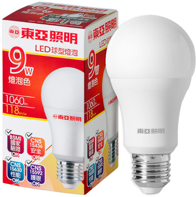 東亞 LED 9w球泡燈 高亮度節能燈泡, 暖白色, 1個