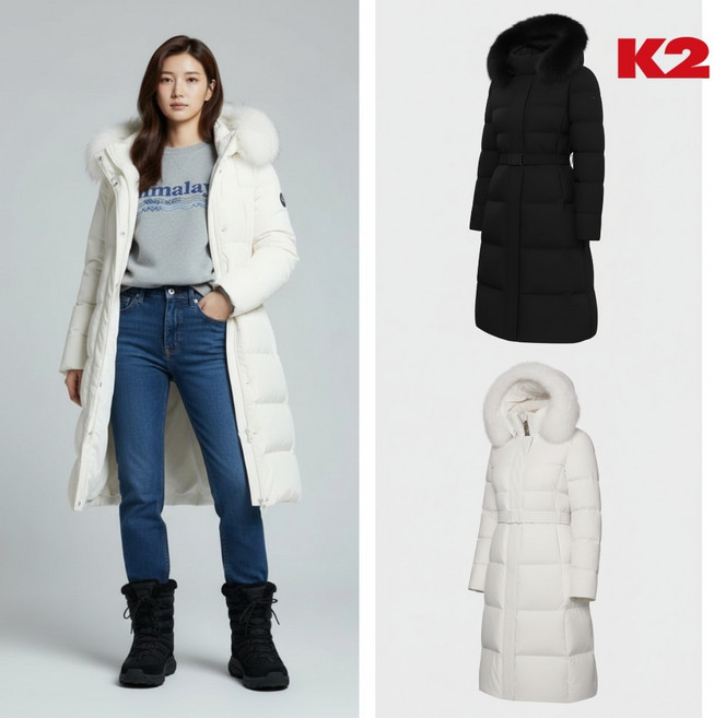 [백화점 출고] K2 구스 다운 여성 시그니처 도로시 롱 허리 벨트 날씬해 보이는 슬림 패딩 자켓 점퍼