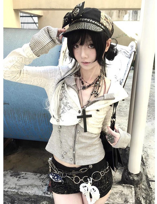 하이틴룩 갸루 회색 후드집업 크롭집업 레이어드 자켓 와투케 핀터깔 걸그룹코디 양지뢰 히메갸루 집업 지뢰계 양산형