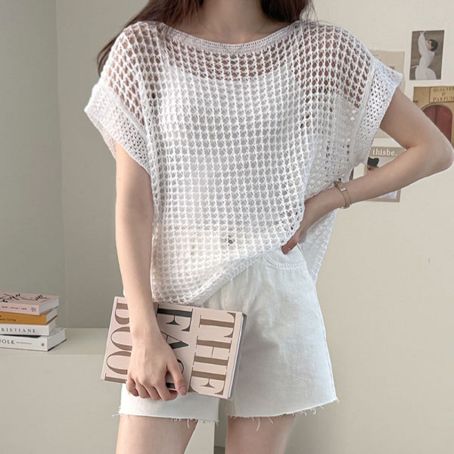 바이단미 여성 풀오버 스웨터 숏 슬리브 레이어드 바캉스 비치웨어 시스루 그물 망사 니트