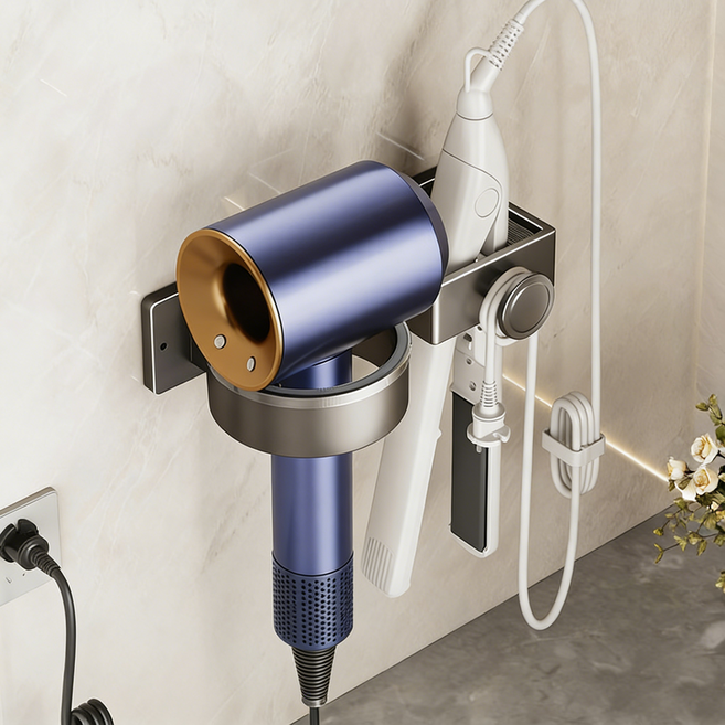 티지피 무타공 강력접착 수납형 드라이기 거치대, 그레이, 1개