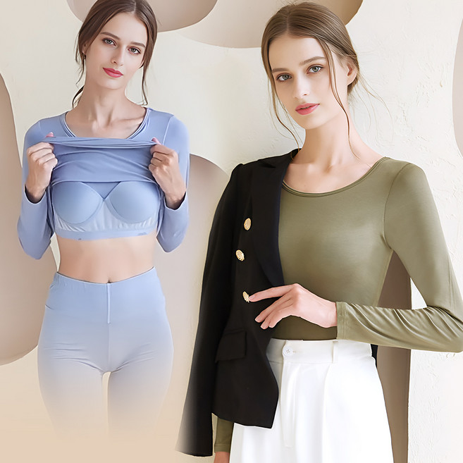 Pink lady 罩杯式超柔軟莫代爾一體式襯墊女款低圓領BRATOP內搭居家長袖上衣 舒適親膚