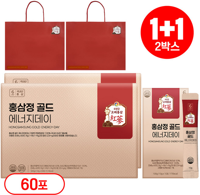 1+1 홍삼정 골드 6년근 프리미엄 홍삼스틱 쇼핑백 선물세트 에너지데이, 2개, 300ml