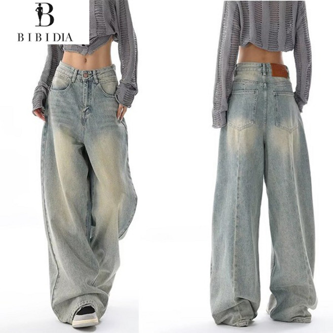 비비디아 봄 가을 여성용 워싱빈티지 롱와이드 데님팬츠 통청바지(S~4XL) 5515