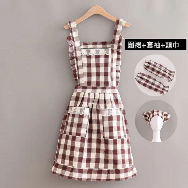 DFMEI 公主裙圍裙家用廚房透氣洋氣套袖防油工作服女夏季新款時尚圍裙女, 1個, 公主裙-咖色+套袖+頭巾:如圖