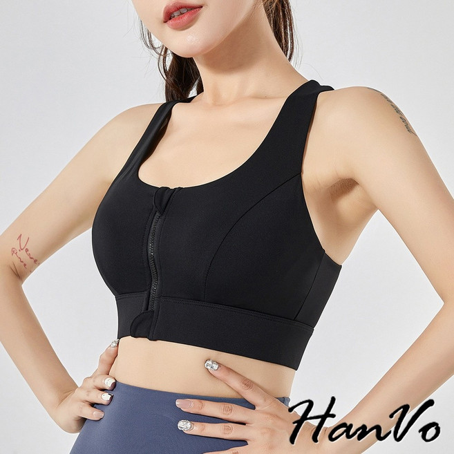 HanVo 高強度聚攏防震前拉鍊交叉美背運動內衣 一體式固定杯墊 瑜珈內衣 皮拉提斯 女生內衣 A10-9003