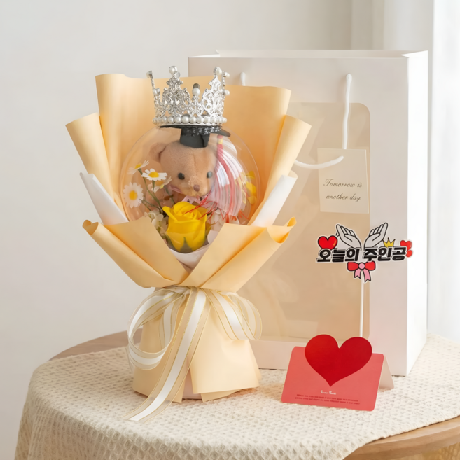 체리닷컴 학사모 곰인형 선물쇼핑백 토퍼 꽃다발세트, 1개, 옐로우