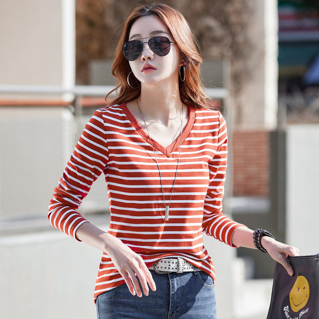 퓨어디아 여성 스트라이프 브이넥 데일리 줄무늬 긴팔 티셔츠 YB-88