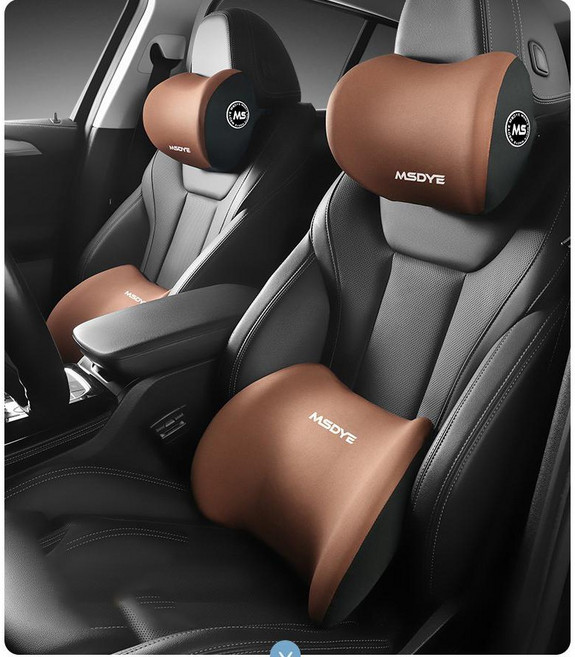 스타일닥터 차량용 메모리폼 목쿠션 세트 차량 헤드레스트 쿠션 베개 자동차 목베개 여행용 목받침 목베게 고급형, 1세트, 브라운(목쿠션+허리쿠션)