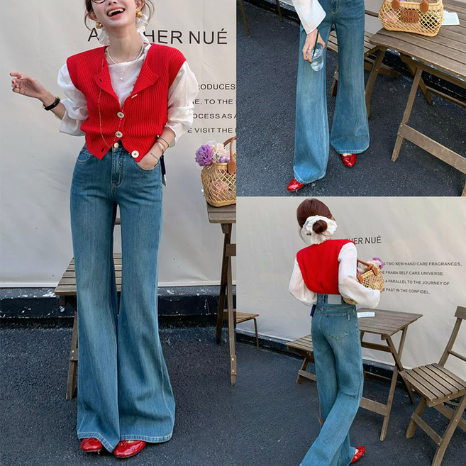 ORZQU 봄 캐주얼 세트 세련된 분위기 여성용 니트 조끼 + 셔츠 데님 팬츠 세트