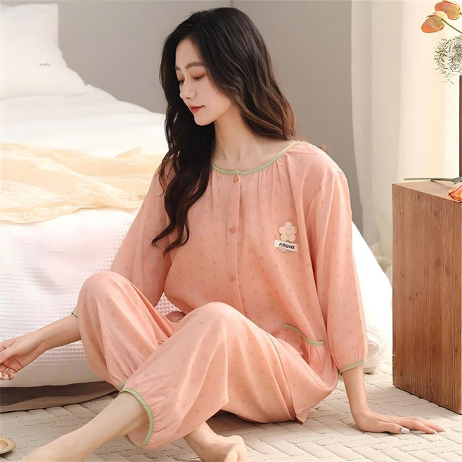 Vezri 여성 봄 여름 잠옷 꽃무늬 편안한 면 파자마 세트 7부 소매 홈웨어