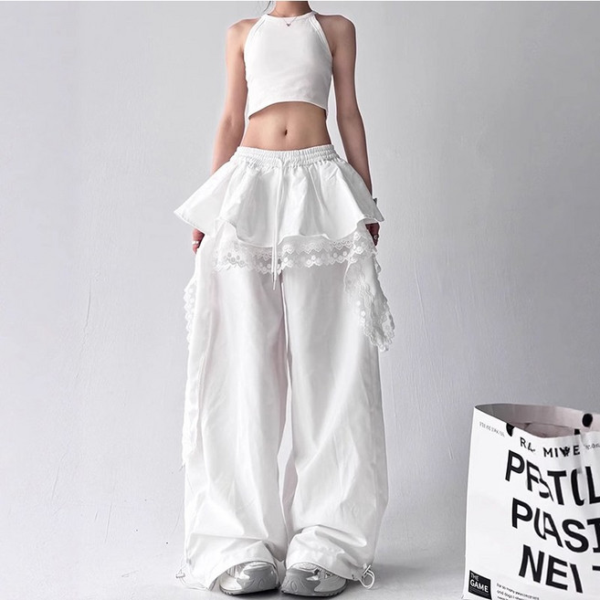 슬림소녀 디자인 감각 패치워크 카고 슬랙스 빈티지 와이드 슬림 일자 와이드 팬츠